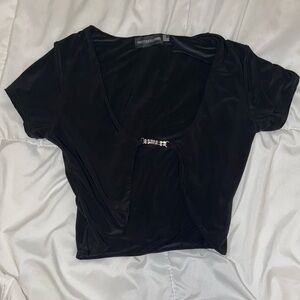 PLT Black Slinky Short Sleeve Diamante Detail Crop Top